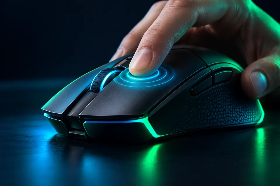 Hand clicking the left button of a gaming mouse