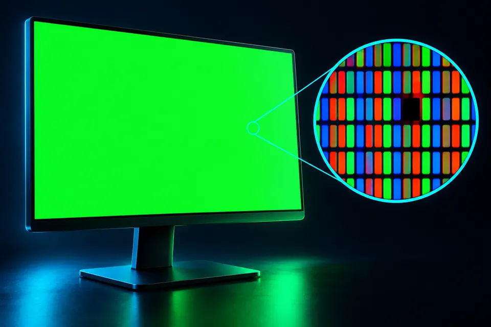 Büyütülmüş RGB piksel ızgarası ve karanlık piksel gösteren monitör