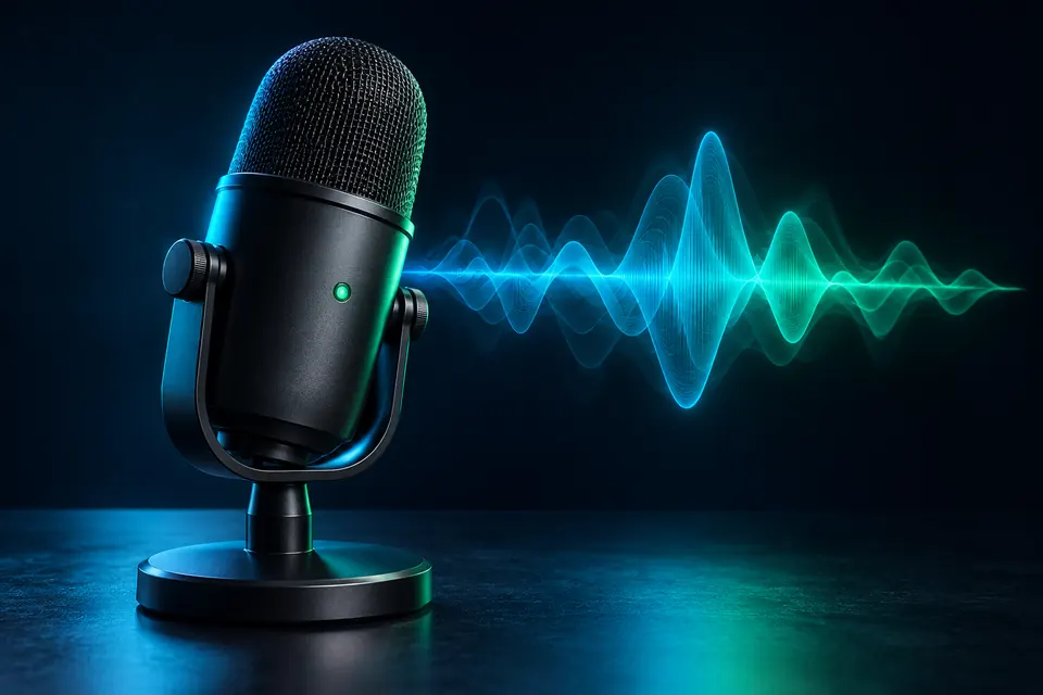 Desktop microphone beside an illustrated audio waveform